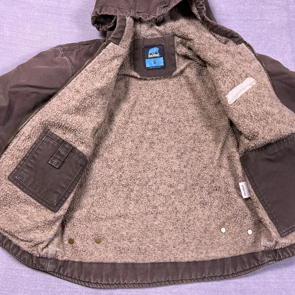 Berne Sherpa Lined Hooded Canvas Work Jacket Youth Small 7-8 Brown‎ Cotton